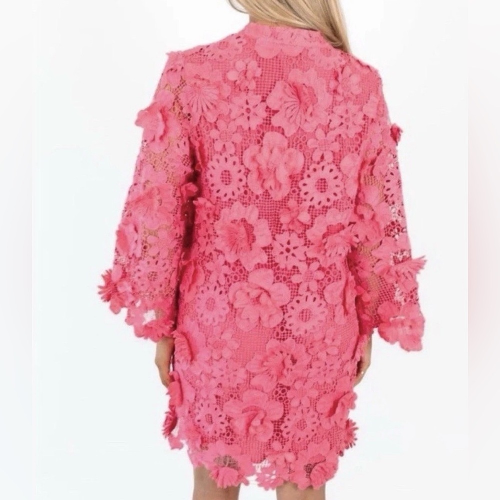 J.Marie Seraphina Pink Floral 3D Lace 3/4 Sleeve Kaftan Shift Short Dress NWT - Picture 2 of 12